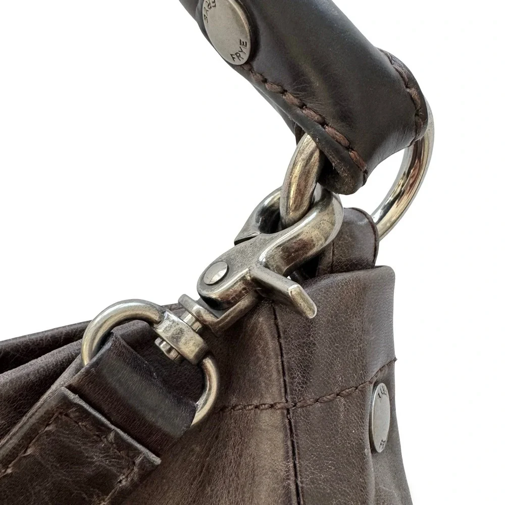 Frye Melissa Dark Brown Distressed Leather Hobo Crossbody Bag Antique Silver